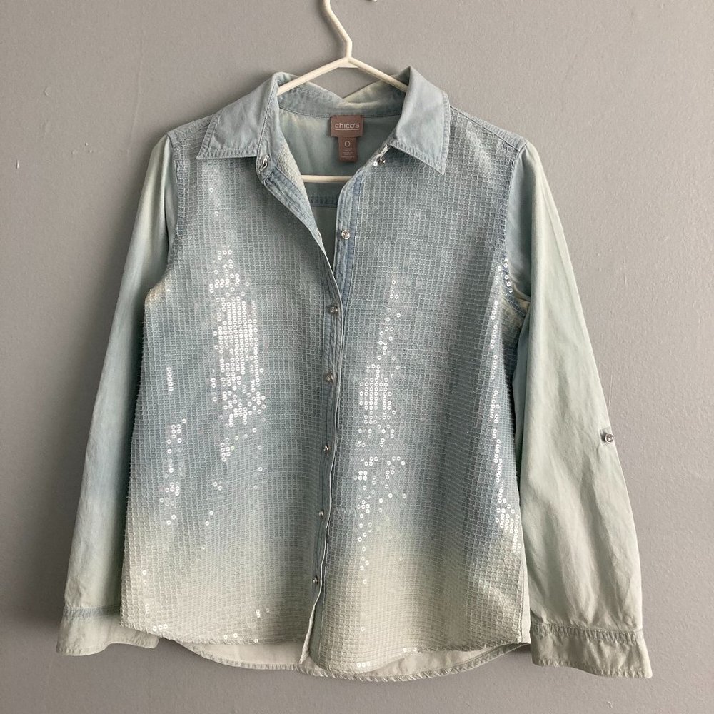 Chicos Button Up Jean Shirt Embellished Bleached Size 0 US 4